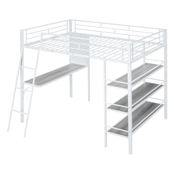 HomeRoots Natural Loft Bed with Desk & Shelves - Space-Saving Full Double Design in White & Wood Finish 590320