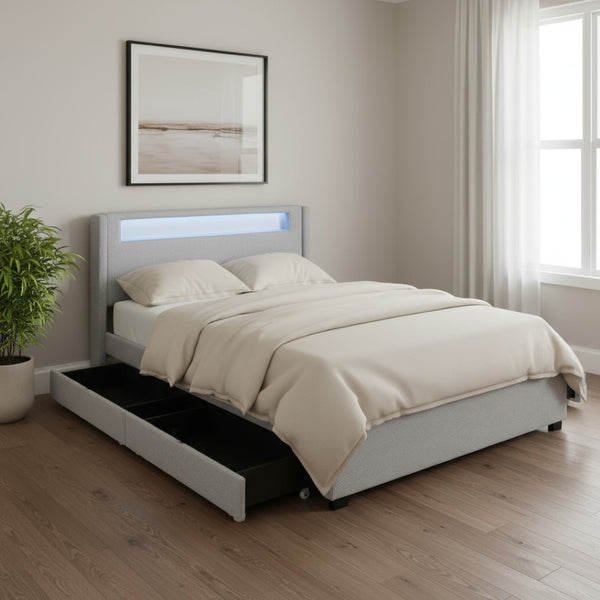 HomeRoots Light Gray Tufted Boucle Full Bed Frame with Trundle, USB Ports & Hidden Storage Drawers 590322