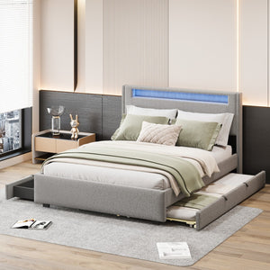 HomeRoots Light Gray Tufted Boucle Full Bed Frame with Trundle, USB Ports & Hidden Storage Drawers 590322