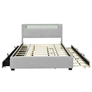 HomeRoots Light Gray Tufted Boucle Full Bed Frame with Trundle, USB Ports & Hidden Storage Drawers 590322