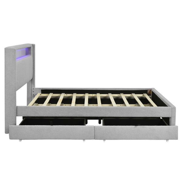 HomeRoots Light Gray Tufted Boucle Full Bed Frame with Trundle, USB Ports & Hidden Storage Drawers 590322