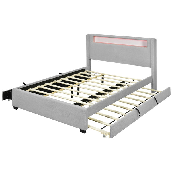 HomeRoots Light Gray Tufted Boucle Full Bed Frame with Trundle, USB Ports & Hidden Storage Drawers 590322