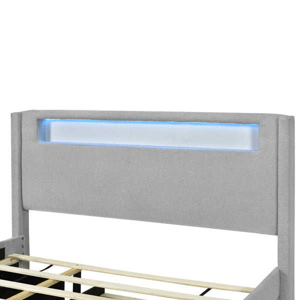 HomeRoots Light Gray Tufted Boucle Full Bed Frame with Trundle, USB Ports & Hidden Storage Drawers 590322