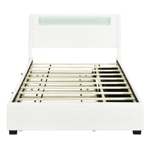HomeRoots White Tufted Boucle Full Bed Frame with USB, Trundle, Drawers & Built-in Lighting for Style & Comfort 590323