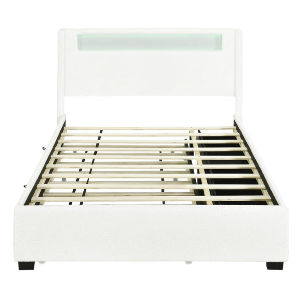 HomeRoots White Tufted Boucle Full Bed Frame with USB, Trundle, Drawers & Built-in Lighting for Style & Comfort 590323