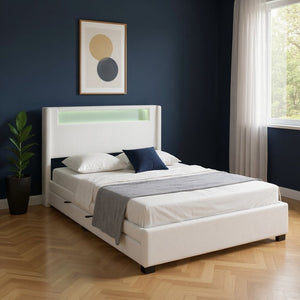 HomeRoots White Tufted Boucle Full Bed Frame with USB, Trundle, Drawers & Built-in Lighting for Style & Comfort 590323