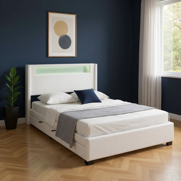 HomeRoots White Tufted Boucle Full Bed Frame with USB, Trundle, Drawers & Built-in Lighting for Style & Comfort 590323