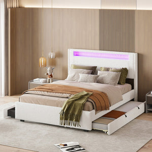 HomeRoots White Tufted Boucle Full Bed Frame with USB, Trundle, Drawers & Built-in Lighting for Style & Comfort 590323