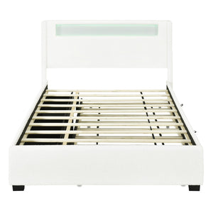 HomeRoots White Tufted Boucle Full Bed Frame with USB, Trundle, Drawers & Built-in Lighting for Style & Comfort 590323