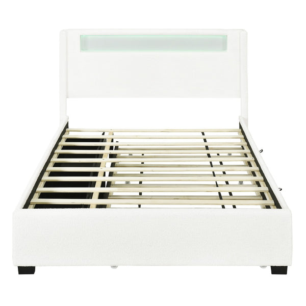 HomeRoots White Tufted Boucle Full Bed Frame with USB, Trundle, Drawers & Built-in Lighting for Style & Comfort 590323