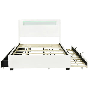 HomeRoots White Tufted Boucle Full Bed Frame with USB, Trundle, Drawers & Built-in Lighting for Style & Comfort 590323