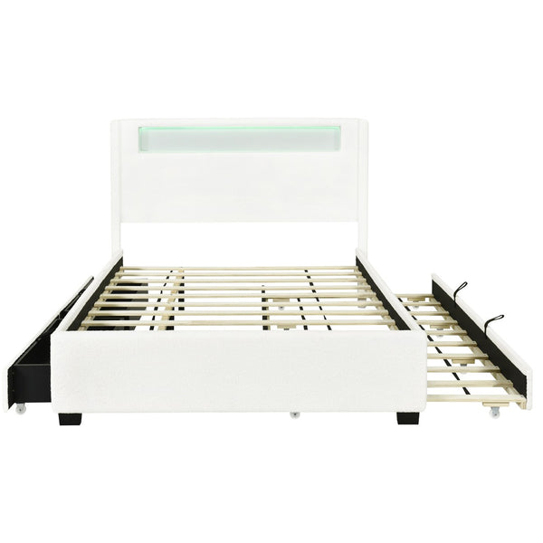 HomeRoots White Tufted Boucle Full Bed Frame with USB, Trundle, Drawers & Built-in Lighting for Style & Comfort 590323