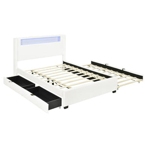 HomeRoots White Tufted Boucle Full Bed Frame with USB, Trundle, Drawers & Built-in Lighting for Style & Comfort 590323