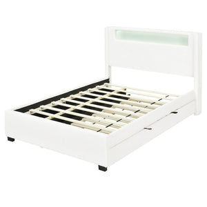 HomeRoots White Tufted Boucle Full Bed Frame with USB, Trundle, Drawers & Built-in Lighting for Style & Comfort 590323