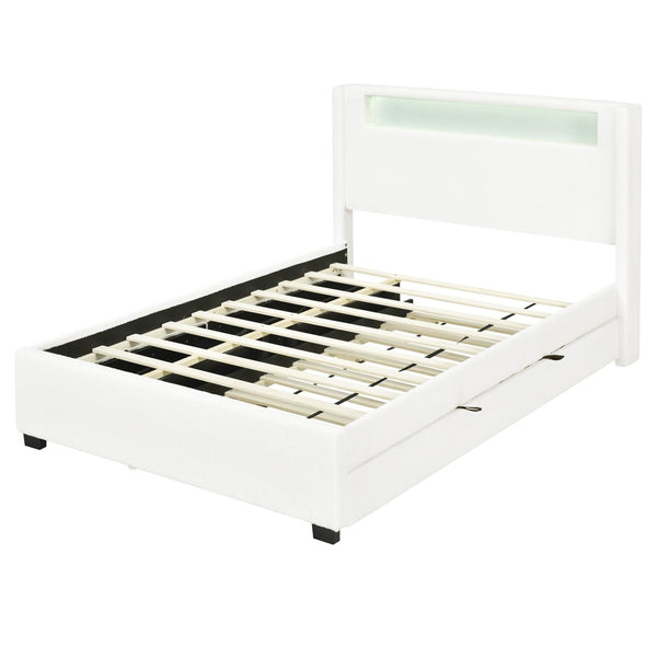 HomeRoots White Tufted Boucle Full Bed Frame with USB, Trundle, Drawers & Built-in Lighting for Style & Comfort 590323