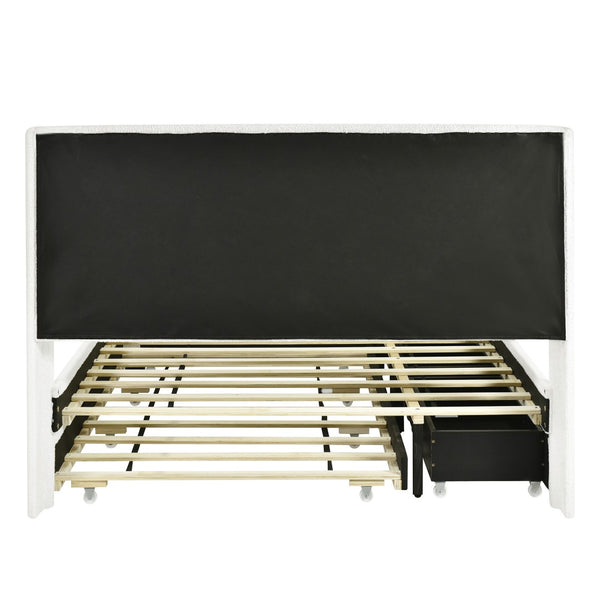 HomeRoots White Tufted Boucle Full Bed Frame with USB, Trundle, Drawers & Built-in Lighting for Style & Comfort 590323