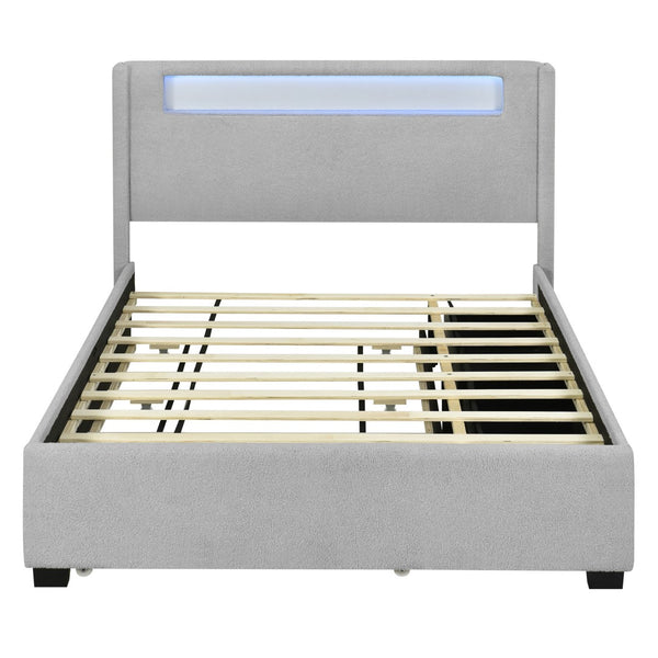 HomeRoots Light Gray Tufted Boucle Queen Bed Frame with Trundle, USB Ports & Storage Drawers for Comfort 590324