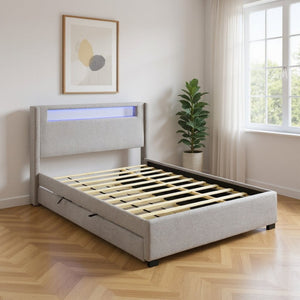 HomeRoots Light Gray Tufted Boucle Queen Bed Frame with Trundle, USB Ports & Storage Drawers for Comfort 590324