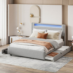 HomeRoots Light Gray Tufted Boucle Queen Bed Frame with Trundle, USB Ports & Storage Drawers for Comfort 590324