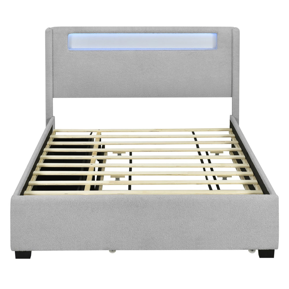 HomeRoots Light Gray Tufted Boucle Queen Bed Frame with Trundle, USB Ports & Storage Drawers for Comfort 590324