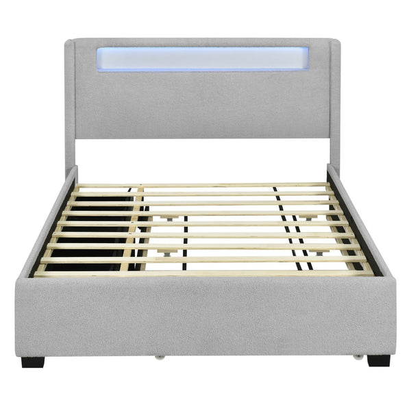HomeRoots Light Gray Tufted Boucle Queen Bed Frame with Trundle, USB Ports & Storage Drawers for Comfort 590324