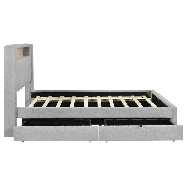HomeRoots Light Gray Tufted Boucle Queen Bed Frame with Trundle, USB Ports & Storage Drawers for Comfort 590324