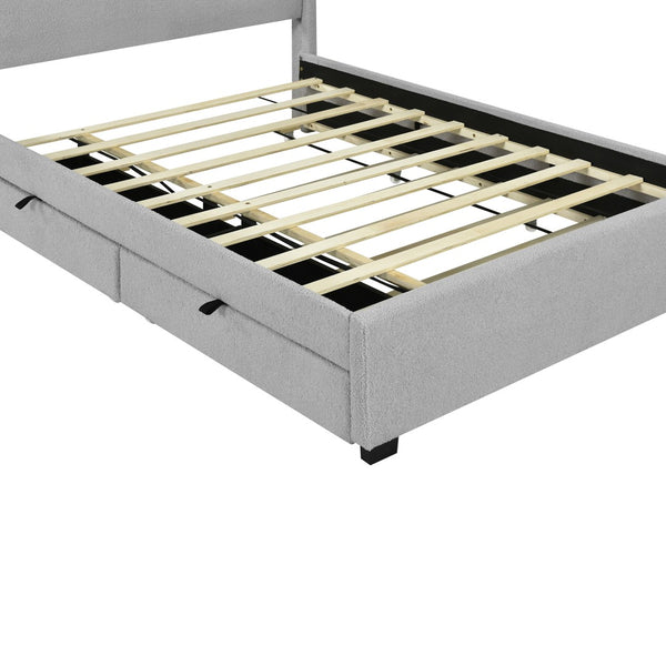 HomeRoots Light Gray Tufted Boucle Queen Bed Frame with Trundle, USB Ports & Storage Drawers for Comfort 590324