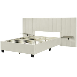 HomeRoots Light Gray Tufted Velvet Bed Frame with Ambient Lighting – Stylish Full Platform for Ultimate Comfort 590325