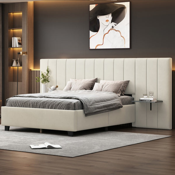 HomeRoots Light Gray Tufted Velvet Bed Frame with Ambient Lighting – Stylish Full Platform for Ultimate Comfort 590325