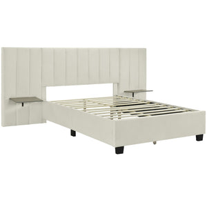 HomeRoots Light Gray Tufted Velvet Bed Frame with Ambient Lighting – Stylish Full Platform for Ultimate Comfort 590325