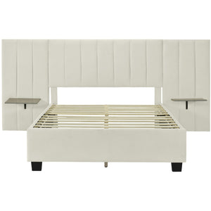 HomeRoots Light Gray Tufted Velvet Bed Frame with Ambient Lighting – Stylish Full Platform for Ultimate Comfort 590325