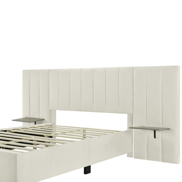 HomeRoots Light Gray Tufted Velvet Bed Frame with Ambient Lighting – Stylish Full Platform for Ultimate Comfort 590325