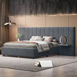 HomeRoots Dark Gray Tufted Velvet Full Bed Frame with Integrated Lighting & Plush Headboard for Stylish Comfort 590326