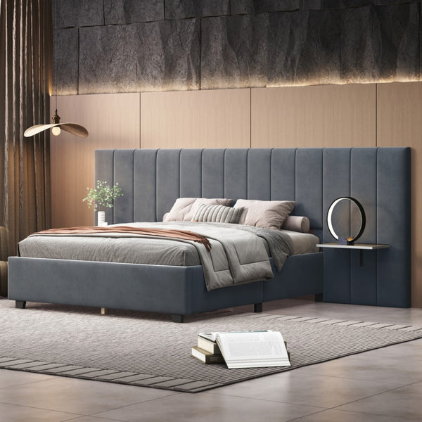 HomeRoots Dark Gray Tufted Velvet Full Bed Frame with Integrated Lighting & Plush Headboard for Stylish Comfort 590326