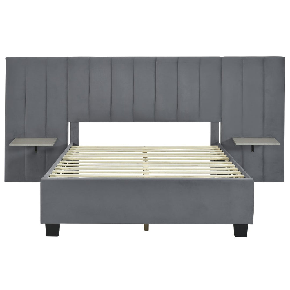 HomeRoots Dark Gray Tufted Velvet Full Bed Frame with Integrated Lighting & Plush Headboard for Stylish Comfort 590326