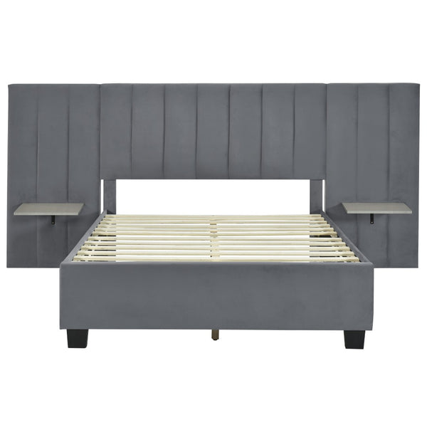 HomeRoots Dark Gray Tufted Velvet Full Bed Frame with Integrated Lighting & Plush Headboard for Stylish Comfort 590326