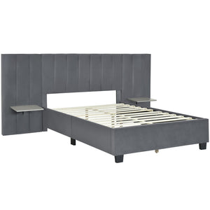 HomeRoots Dark Gray Tufted Velvet Full Bed Frame with Integrated Lighting & Plush Headboard for Stylish Comfort 590326