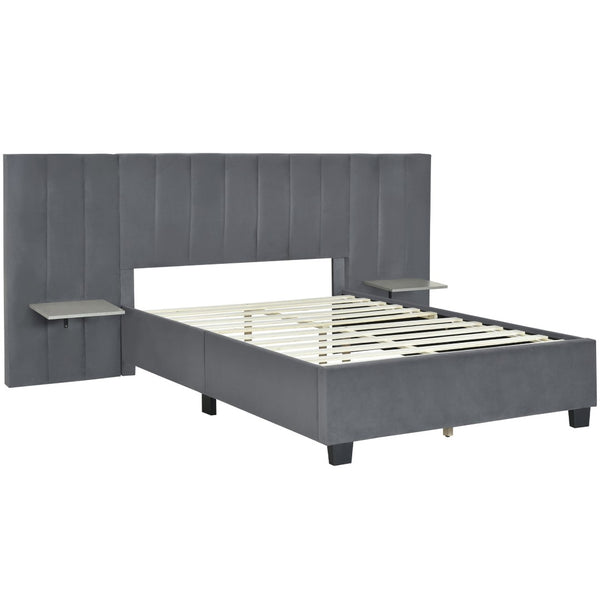HomeRoots Dark Gray Tufted Velvet Full Bed Frame with Integrated Lighting & Plush Headboard for Stylish Comfort 590326