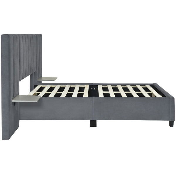 HomeRoots Dark Gray Tufted Velvet Full Bed Frame with Integrated Lighting & Plush Headboard for Stylish Comfort 590326