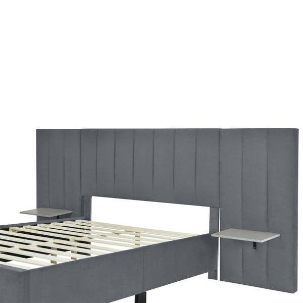 HomeRoots Dark Gray Tufted Velvet Full Bed Frame with Integrated Lighting & Plush Headboard for Stylish Comfort 590326