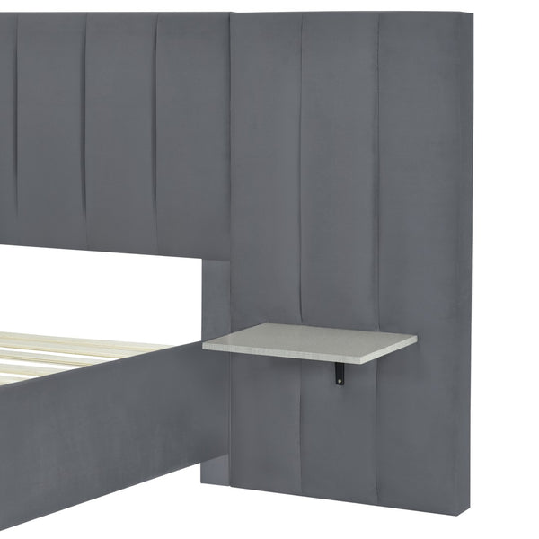 HomeRoots Dark Gray Tufted Velvet Full Bed Frame with Integrated Lighting & Plush Headboard for Stylish Comfort 590326