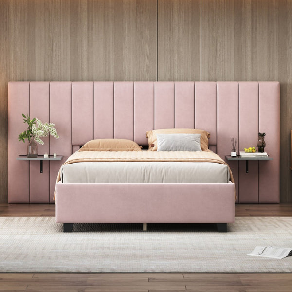 HomeRoots Pink Tufted Velvet Bed Frame with Integrated Lighting – Chic Full Size Platform for Glamorous Bedrooms 590327