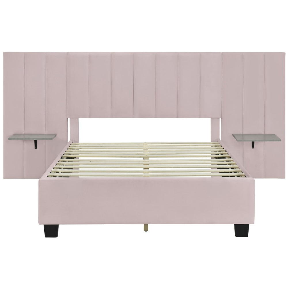 HomeRoots Pink Tufted Velvet Bed Frame with Integrated Lighting – Chic Full Size Platform for Glamorous Bedrooms 590327