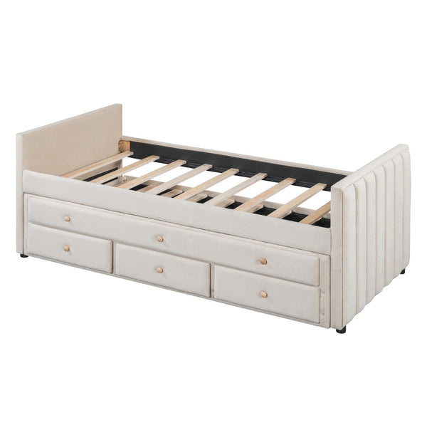 HomeRoots Beige Tufted Velvet Twin Day Bed with Trundle & Storage Drawers – Stylish Multi-Purpose Design! 590335