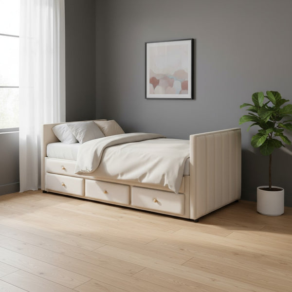 HomeRoots Beige Tufted Velvet Twin Day Bed with Trundle & Storage Drawers – Stylish Multi-Purpose Design! 590335