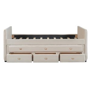 HomeRoots Beige Tufted Velvet Twin Day Bed with Trundle & Storage Drawers – Stylish Multi-Purpose Design! 590335