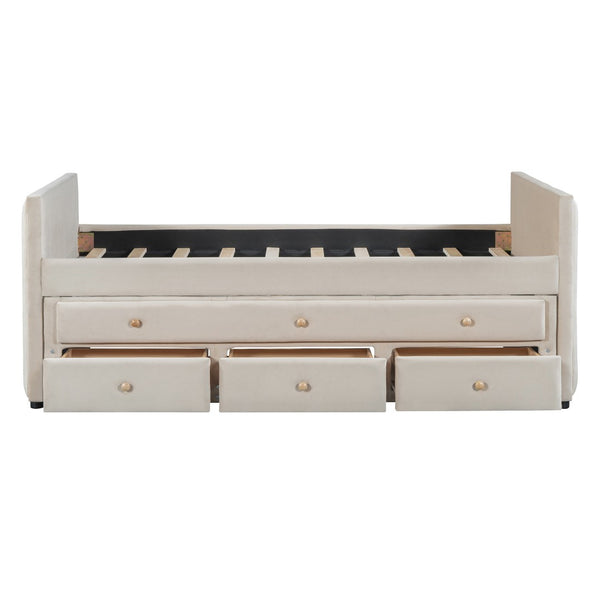 HomeRoots Beige Tufted Velvet Twin Day Bed with Trundle & Storage Drawers – Stylish Multi-Purpose Design! 590335