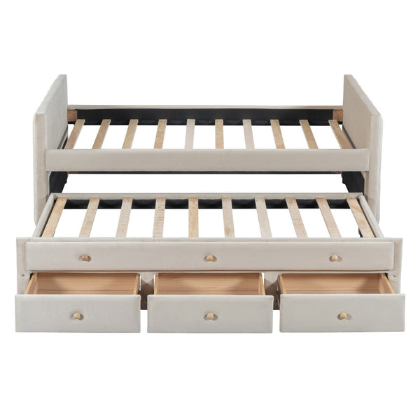 HomeRoots Beige Tufted Velvet Twin Day Bed with Trundle & Storage Drawers – Stylish Multi-Purpose Design! 590335