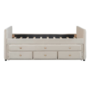 HomeRoots Beige Tufted Velvet Twin Day Bed with Trundle & Storage Drawers – Stylish Multi-Purpose Design! 590335