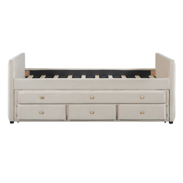 HomeRoots Beige Tufted Velvet Twin Day Bed with Trundle & Storage Drawers – Stylish Multi-Purpose Design! 590335